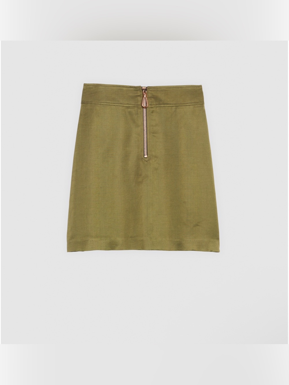 Sandro Paris Olive Green Mini Skirt with Front Rose Gold Zipper Size Small